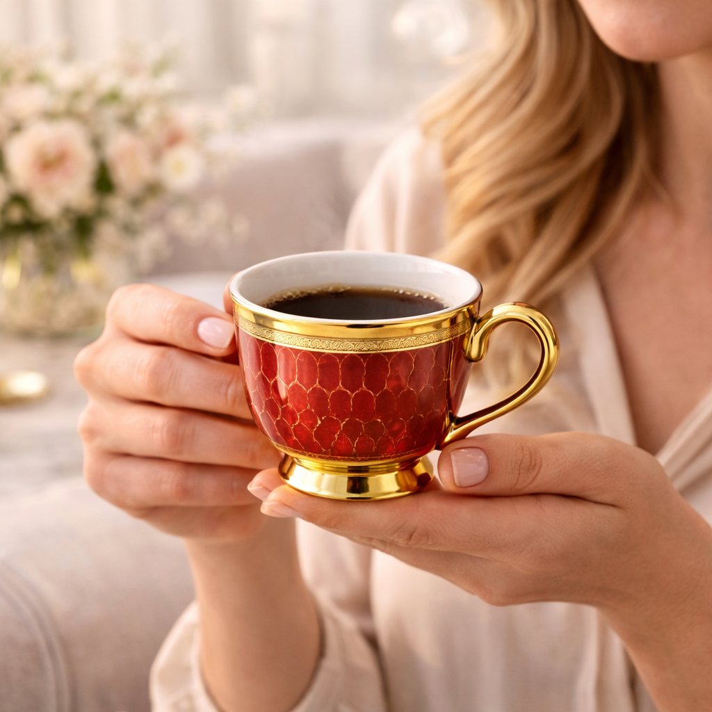 Jogo de Xícaras de Café 12 Peças em Porcelana Vermelha com Detalhes Dourados | Kit Royal Ruby
