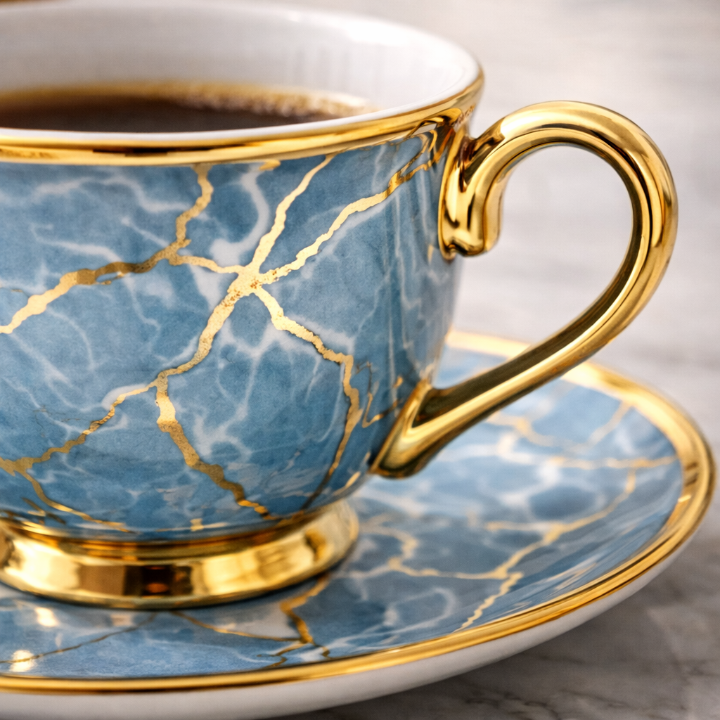 Jogo de Xícaras de Café 12 Peças em Porcelana Azul Marmorizada com Detalhes Dourados | Kit Blue Crystal