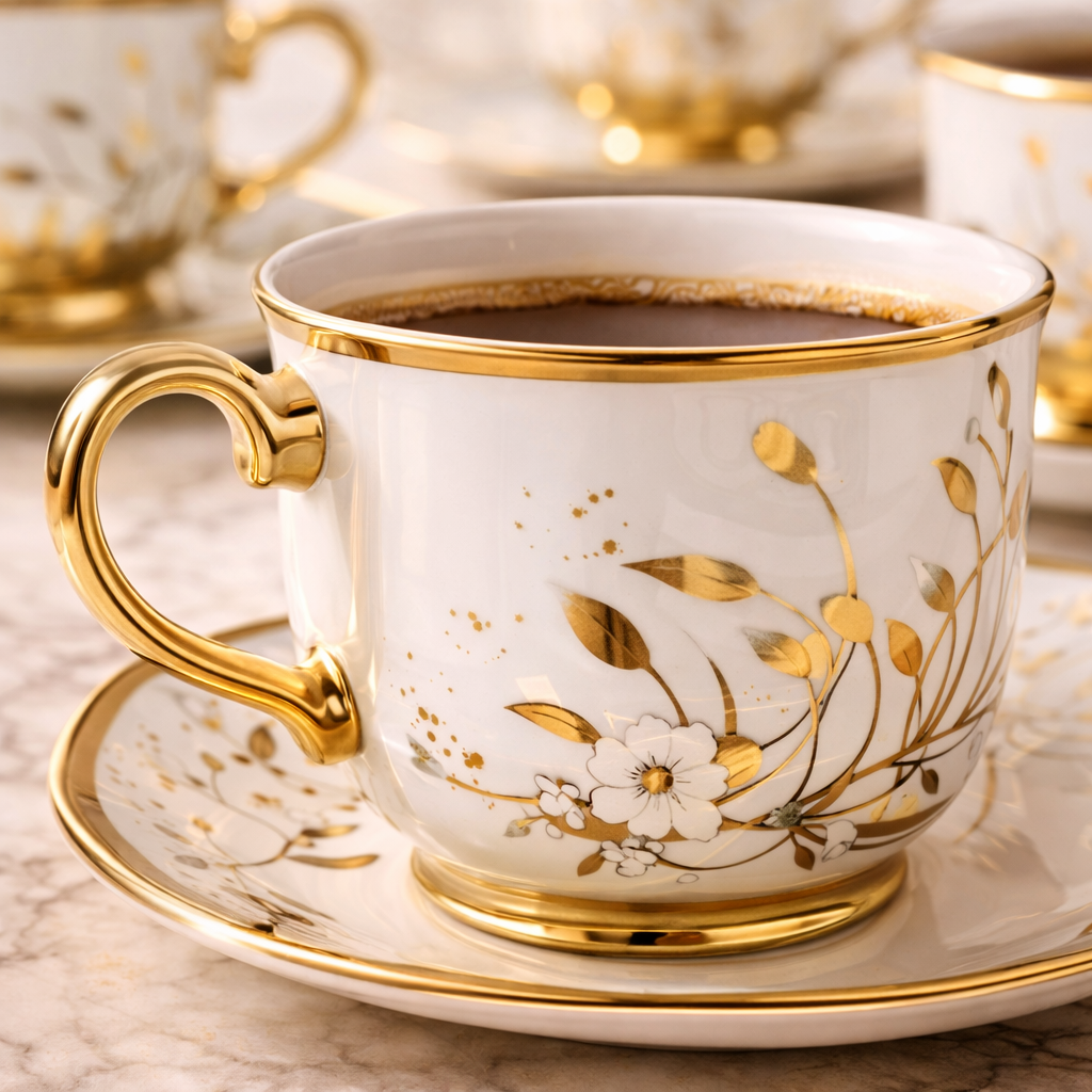 Jogo de Xícaras de Café 12 Peças em Porcelana Floral com Detalhes Dourados | Kit Aurora Gold