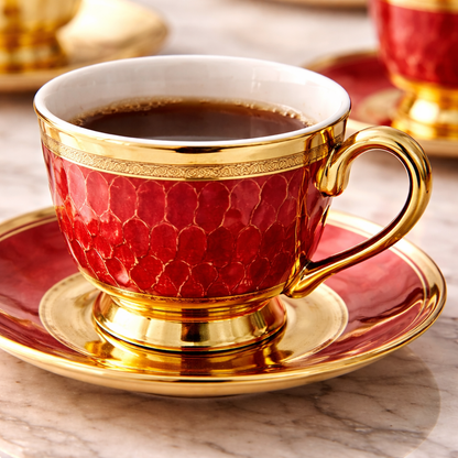 Jogo de Xícaras de Café 12 Peças em Porcelana Vermelha com Detalhes Dourados | Kit Royal Ruby