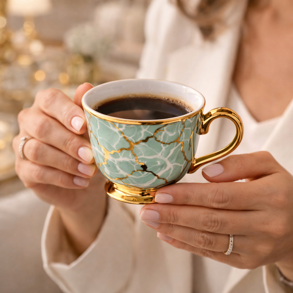 Jogo de Xícaras de Café 12 Peças em Porcelana Verde Jade com Detalhes Dourados | Kit Jade Imperial