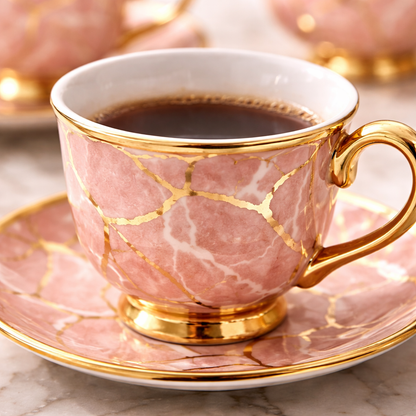 Jogo de Xícaras de Café 12 Peças em Porcelana Rosa Marmorizada com Detalhes Dourados | Kit Rose Marble